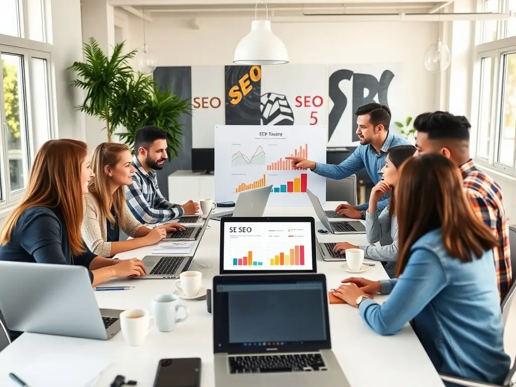 A team of digital marketers collaborating on a link building strategy, analyzing backlinks and identifying opportunities for high-quality link acquisition.